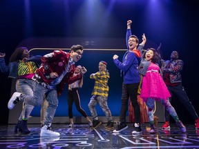 This image released by Keith Sherman & Associates shows the cast during a performance of the musical "Be More Chill," in New York. Based on the 2004 book by Ned Vizzini, "Be More Chill" tells the story of an awkward teen, played onstage by Will Roland, whose life transforms when he swallows a tiny computer that gives him the confidence to break out of his shell.