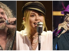 This combination photo shows, from left, Robert Plant, Miley Cyrus and and Chance the Rapper, who will perform one of the 50th anniversary shows commemorating the Woodstock festival which will take place Aug. 16-18 in Watkins Glen, N.Y. (AP Photo)