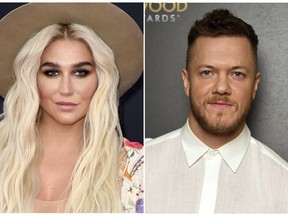 This combination photo shows musicians Kesha, left, and Dan Reynolds of Imagine Dragons. Kesha will headline the LOVELOUD Festival, the LGBTQ+ event founded by Reynolds. The festival will be held on June 29, 2019, at the USANA Amphitheatre in West Valley City, Utah. (AP Photo)