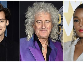 This combination photo shows Harry Styles, from left, Brian May and Janelle Monae, who will presenting at the 2019 Rock & Roll Hall of Fame induction ceremony on March 29. Styles will induct Stevie Nicks, May will induct Def Leppard and Monae will induct Janet Jackson. (AP Photo)