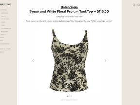 This image released by Thrilling shows a floral tank top by Balenciaga, part of a collection offered on the e-commerce site Thrilling.com. Celebrity stylist Ali Mandelkorn has teamed with Goodwill of Southern California on a collection of thrift pulls to benefit employment programs for the disabled and disadvantaged. The collection went on sale Friday at Thrilling, an online platform for vintage and thrift stores around the U.S. (Thrilling.com)