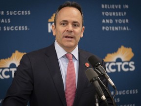 FILE - In this Feb 28, 2019, file photo, Kentucky Gov. Matt Bevin speaks in the Capitol building in Frankfort, Ky. A federal judge in Kentucky has cautioned lawyers to watch their language in their bitter legal feud over abortion, this time over a lawsuit challenging two new state laws aimed at putting more restrictions on the procedure.