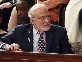 FILE - In this Feb. 5, 2019, file photo, astronaut Buzz Aldrin arrives for President Donald Trump's State of the Union address to a joint session of Congress on Capitol Hill in Washington. A legal fight between Aldrin and his adult children over whether the former astronaut was competent to manage his affairs ended Wednesday, March 13, averting a messy, intrafamily squabble from hanging over celebrations this summer of the 50th anniversary of his Apollo 11 moon-walking.