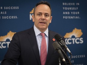 FILE - In this Feb 28, 2019, file photo, Kentucky Gov. Matt Bevin speaks in the Capitol building in Frankfort, Ky. Kentucky's Republican-led legislature on Wednesday, March 13, passed its latest measure to put more restrictions on abortion, setting up another legal fight with abortion-rights defenders.