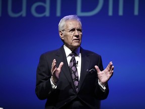 In this Oct. 1, 2018, photo, moderator Alex Trebek speaks during a gubernatorial debate between Democratic Gov. Tom Wolf and Republican Scott Wagner in Hershey, Pa. Jeopardy!" host Trebek says he has been diagnosed with advanced -four pancreatic cancer. In a video posted online Wednesday, March 6, 2019, Trebek said he was announcing his illness directly to "Jeopardy!" fans in keeping with his long-time policy of being "open and transparent."