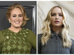 This combination photo shows singer Adele at the 59th annual Grammy Awards in Los Angeles on Feb. 12, 2017, left, and actress Jennifer Lawrence at the Dior ready to wear Fall-Winter 2019-2020 collection in Paris on Feb. 26, 2019. Patrons of the gay bar called Pieces in New York's Greenwich Village were in the right place at the right time when Adele and Lawrence showed up Friday night, March 22, 2019. They drank and danced and schmoozed, hugging shirtless men and taking selfies while the crowd applauded. (AP Photo, File)