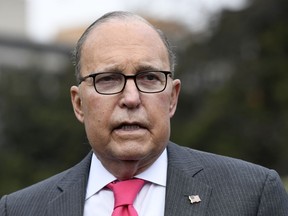 FILE - In this Feb. 7, 2019 file photo White House National Economic Council Director Larry Kudlow speaks to reporters at the White House in Washington. On Friday, March 29, 2019, Kudlow called on the Federal Reserve to cut its key interest rate by a half-percentage point. Kudlow said that the Fed should do more to help the economy by cutting rates. It signaled last week that it expected to keep rates unchanged for this entire year after raising its benchmark rate four times in 2018 to the current level of 2.25 percent to 2.5 percent.