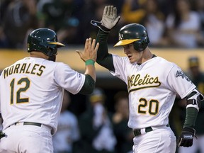 Oakland Athletics Mark Canha (20) celebrates with Kendrys Morales (12) after hitting a two-run home run against the Los Angeles Angels in the fourth inning of a baseball game, Saturday, March 30, 2019 in Oakland, Calif.