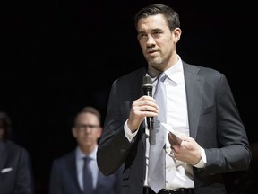 Former Oklahoma City Thunder player Nick Collison speaks during a ceremony to retire his number, before an NBA basketball game between the Thunder and the Toronto Raptors on Wednesday, March 20, 2019, in Oklahoma City.