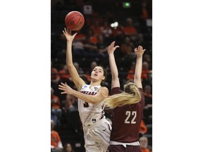 Gonzaga's Jenn Wirth (3) tries to get past Little Rock's Yanina Inkina (22) during the first half of a first-round game of the NCAA women's college basketball tournament in Corvallis, Ore., Saturday, March 23, 2019.