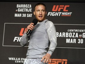 In this Wednesday March 27, 2019, photo, mixed martial arts fighter Justin Gaethje addresses fans after a workout in Philadelphia. Gaethje is slated to fight Edson Barboza in a lightweight bout in the main event of the UFC card in Philadelphia on March 30. The bout features two of the most ferocious kickers in the sport, who are both coming off wins following two straight losses. Gaethje viewed the fight as an elimination bout of sorts for each fighter to stay in the hunt for a championship match against Khabib Nurmagomedov.