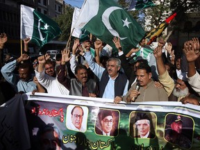 Supporters of the Pakistan Muslim League-Q party chant slogans during an anti-India demonstration in Karachi, Pakistan, on March 5, 2019.