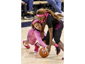 Pittsburgh's Jasmine Whitney, left, and Louisville's Dana Evans chase after the ball during the second half of an NCAA college basketball game, Sunday, March 3, 2019, in Pittsburgh.