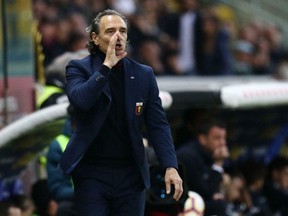 Genoa's head coach Cesare Prandelli gestures during the Italian Serie A soccer match between Parma and Genoa, at the Ennio Tardini stadium in Parma, Italy, Saturday, March 9, 2019.
