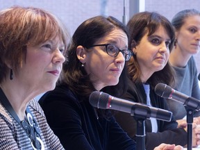 Helene David of the Liberal party, Quebec Justice Minister Sonia Lebel, Veronique Hivon of the PQ and Christine Labrie of Quebec Solidaire, left to right, listen to a question after announcing the formation of a committee of experts to accompany victims of sexual assault and of domestic violence in Montreal on Monday, March 18, 2019.