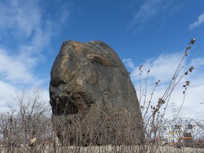 The Irish commemorative stone, also called the black rock, is seen in Montreal.