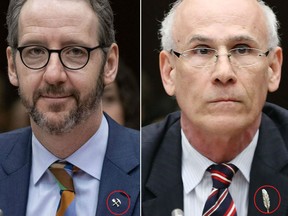 Butts and Wernick both wore distinguishable lapel pins to their respective hearings today. Butts chose a miner's pick and shovel pin, while Wernick chose an eagle feather.