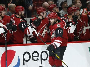 Arizona Coyotes center Alex Galchenyuk (17) celebrates his goal against the Minnesota Wild with teammates on the bench during the first period of an NHL hockey game Sunday, March 31, 2019, in Glendale, Ariz.