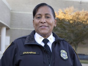 In a Oct. 22, 2018 photo, Portsmouth, Va. Police Chief Tonya D. Chapman speaks to members of the media outside Churchland High School in Portsmouth.