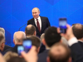 Vladimir Putin, Russia's president, pauses as he speaks to the audience during a Russian Union of Industrialists and Entrepreneurs (RSPP) event in Moscow, Russia, on Thursday, March 14, 2019. The Kremlin indicated that President Vladimir Putin supports new laws punishing online media for spreading “fake news” or material that insults state officials, the latest move in a broad crackdown on dissent in Russia.