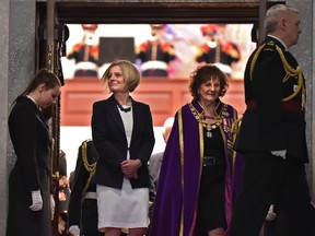 Lt. Gov. Lois E. Mitchell and Premier Rachel Notley walk out of Chambers after delivering the final speech from the throne before the next provincial election, at the Alberta Legislature in Edmonton, March 18, 2019.