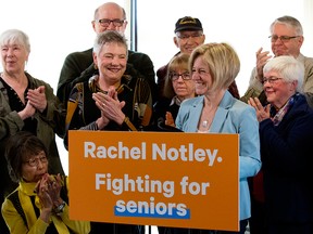 Alberta NDP Leader Rachel Notley announces her party's plan to give full drug coverage to Alberta’s low- and middle-income seniors during a campaign stop in Sherwood Park on March 29, 2019.