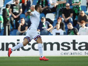 Sampdoria's Fabio Quagliarella celebrates after scoring during a Serie A soccer match between Sassuolo and Sampdoria at Mapei stadium in Reggio Emilia, Italy, Saturday, March 16, 2019.