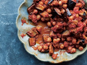 Roast eggplant with spiced chickpeas and tomatoes