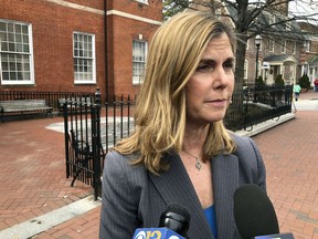 Anne Arundel County State's Attorney Anne Colt Leitess talks to reporters after a court hearing on Monday, March 11, 2019, in Annapolis, Md., for Jarrod Ramos, who is charged with killing five people at The Capital Gazette newspaper office in June 2018.