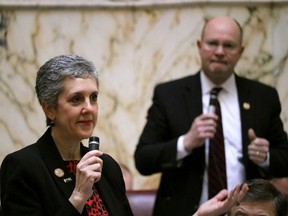 Maryland state Sen. Cheryl Kagan, a Democrat, talks about her bill to make Maryland the first state in the nation to ban foam containers for food and drink statewide to fight pollution during a debate on Tuesday, March 5, 2019 in Annapolis, Md. Sen. Robert Cassilly, a Republican, is standing in the background in opposition to the bill.