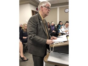 In this March 28, 2019 photo, Republican Rep. Chuck Damschen testifies at a legislative hearing at the state Capitol in Bismarck, North Dakota. Damschen is the primary sponsor of a resolution that seeks to nullify North Dakota's 1975 support of the Equal Rights Amendment, a move opponents call a thinly-veiled response to offset revived efforts to enshrine the near half-century-old gender-equality measure in the U.S. Constitution.