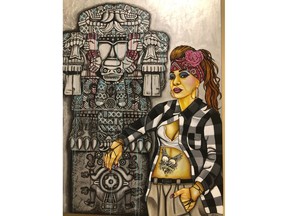 In this Wednesday, March 6, 2019 photo of the painting entitled "Coatlicue Lopez" by artist Pola Lopez hangs at the National Hispanic Cultural Center in Albuquerque, before the opening of a exhibit on the chola _ a working-class, Mexican-American female often associated with urban gangs. The "Que Chola Exhibition" opens on Friday, March 8, 2019, with pieces by artists from New Mexico, Arizona, California, Texas, and Colorado.