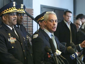 Chicago Mayor Rahm Emanuel, right, and Chicago Police Superintendent Eddie Johnson appear at a news conference in Chicago, Tuesday, March 26, 2019, after prosecutors abruptly dropped all charges against "Empire" actor Jussie Smollett, abandoning the case barely five weeks after he was accused of lying to police about being the target of a racist, anti-gay attack in downtown Chicago. The mayor and police chief blasted the decision and stood by the investigation that concluded Smollett staged a hoax.