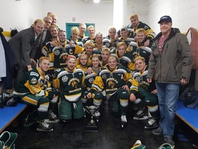 Members of the Humboldt Broncos junior hockey team  on March 24, 2018 after a playoff win over the Melfort Mustangs.
