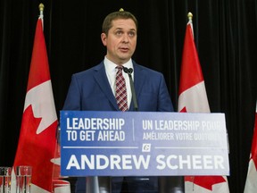 Andrew Scheer, leader of the Conservative Party of Canada, the Official Opposition, responds to Justin TrudeauÕs statement today during a press conference at the Sheraton Gateway Hotel at Pearson Airport in Toronto, Ont. on Thursday March 7, 2019.