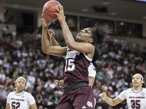 Mississippi State center Teaira McCowan (15) grabs a rebound during the second half of an NCAA college basketball game against South Carolina, Sunday, March 3, 2019, in Columbia, S.C.