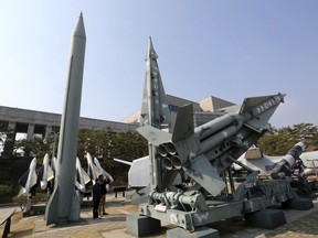 A mock North Korea's Scud-B missile, left, and South Korean missiles are displayed at Korea War Memorial Museum in Seoul, South Korea, Thursday, March 7, 2019. South Korea's military says it's carefully monitoring North Korean nuclear and missile facilities after the country's spy agency told lawmakers that new activity was detected at a research center where the North presumably builds its long-range missiles targeting the U.S. mainland.
