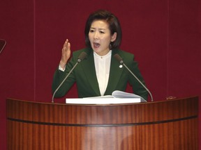 Na Kyung-won, the floor leader of the main opposition Liberty Korea Party, delivers a speech at the National Assembly in Seoul, South Korea, Tuesday, March 12, 2019. The office of South Korean President Moon Jae-in has responded sharply to comments by the conservative lawmaker who accused him of acting as the "top spokesman" of North Korean leader Kim Jong Un.