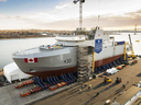 The Royal Canadian Navy's first Arctic and Offshore Patrol Ship, the future HMCS Harry DeWolf, is assembled at Irving Shipbuilding's Halifax Shipyard in December 2017.