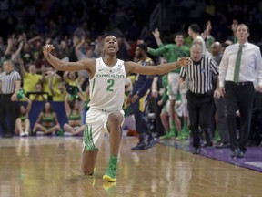 Oregon forward Louis King celebrates after scoring against UC Irvine during the second half of a second-round game in the NCAA men's college basketball tournament Sunday, March 24, 2019, in San Jose, Calif.
