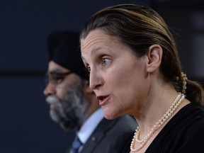 Foreign Affairs Minister Chrystia Freeland and Defence Minister Harjit Sajjan make an announcement in Ottawa, Monday, March 18, 2019 about Canada extending its military missions in Ukraine and Iraq, both of which were due to expire at the end of the month.