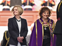 Premier Rachel Notley and Lt.-Gov. Lois Mitchell leave the Alberta Legislature in Edmonton on March 18, 2019, after delivering the final throne speech before the next provincial election.