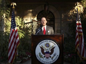 FILE - In this June 30, 201, file photo, then U.S. Consul General of Jerusalem Daniel Rubinstein gives a speech during a reception for the upcoming July 4 U.S. Independence Day celebrations at the American Consulate in Jerusalem. The United States has officially shuttered its consulate in Jerusalem, downgrading the status of its main diplomatic mission to the Palestinians by folding it into the U.S. Embassy to Israel. The announcement from the State Department came early Monday, March 4, 2019 in Jerusalem, the merger effective that day.