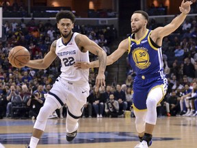 Memphis Grizzlies guard Tyler Dorsey (22) drives against Golden State Warriors guard Stephen Curry (30) during the first half of an NBA basketball game Wednesday, March 27, 2019, in Memphis, Tenn.