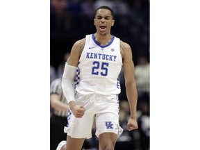 Kentucky forward PJ Washington celebrates after a score against Alabama in the first half of an NCAA college basketball game at the Southeastern Conference tournament Friday, March 15, 2019, in Nashville, Tenn.