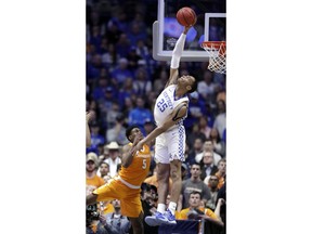 Kentucky forward PJ Washington (25) blocks a shot by Tennessee guard Admiral Schofield (5) but was called for goaltending in the second half of an NCAA college basketball game at the Southeastern Conference tournament Saturday, March 16, 2019, in Nashville, Tenn. Tennessee won 82-78.