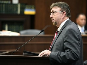 FILE - In this Feb. 28, 2018 file photo, Rep. David Byrd speaks about a bill he is sponsoring that will allow school employees to carry guns at the Cordell Hull Building in Nashville, Tenn. Byrd, a Tennessee lawmaker accused of sexual misconduct, has stepped down as chairman of an education subcommittee after facing months of protests from victim advocates calling for his resignation. House Speaker Glen Casada confirmed on Thursday, March 28, 2019, that Byrd will no longer oversee the House Education Administration Subcommittee.