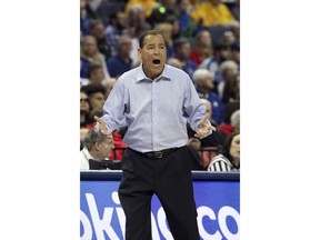 Houston Head Coach Kelvin Sampson shouts to his players in the first half of an NCAA college basketball game at the American Athletic Conference tournament Saturday, March 16, 2019, in Memphis, Tenn.