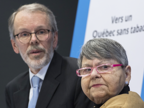 Lise Blais, widow of Jean-Yves Blais and Mario Bujold, Director General of the Quebec Council on Tobacco and Health at a news conference in Montreal regarding the appeal ruling, Mar. 1, 2019.