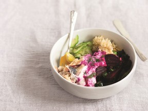 Triple beet and smoked mackerel grain bowl